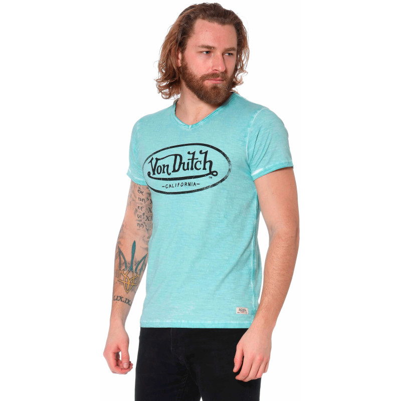 T-Shirt Bleu Homme Von Dutch Col V Look Vintage Homme